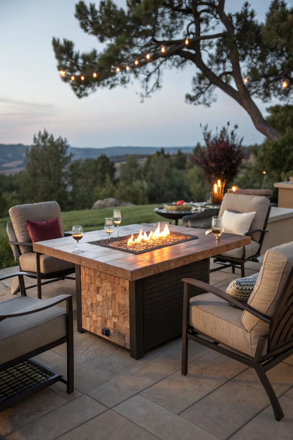 A functional fire pit table for cooking and gathering.