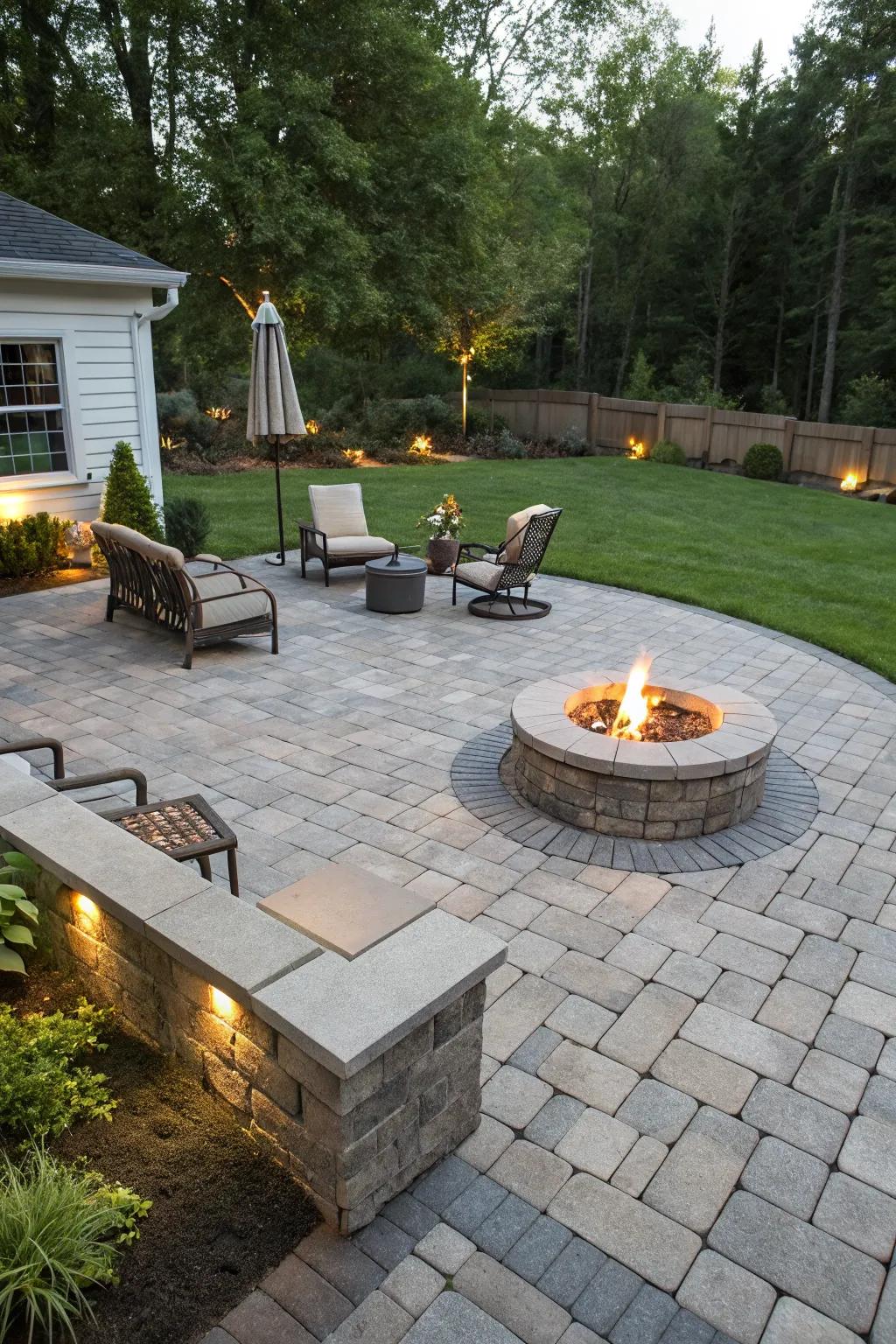 A stylish paver patio base providing a durable surface for a fire pit.