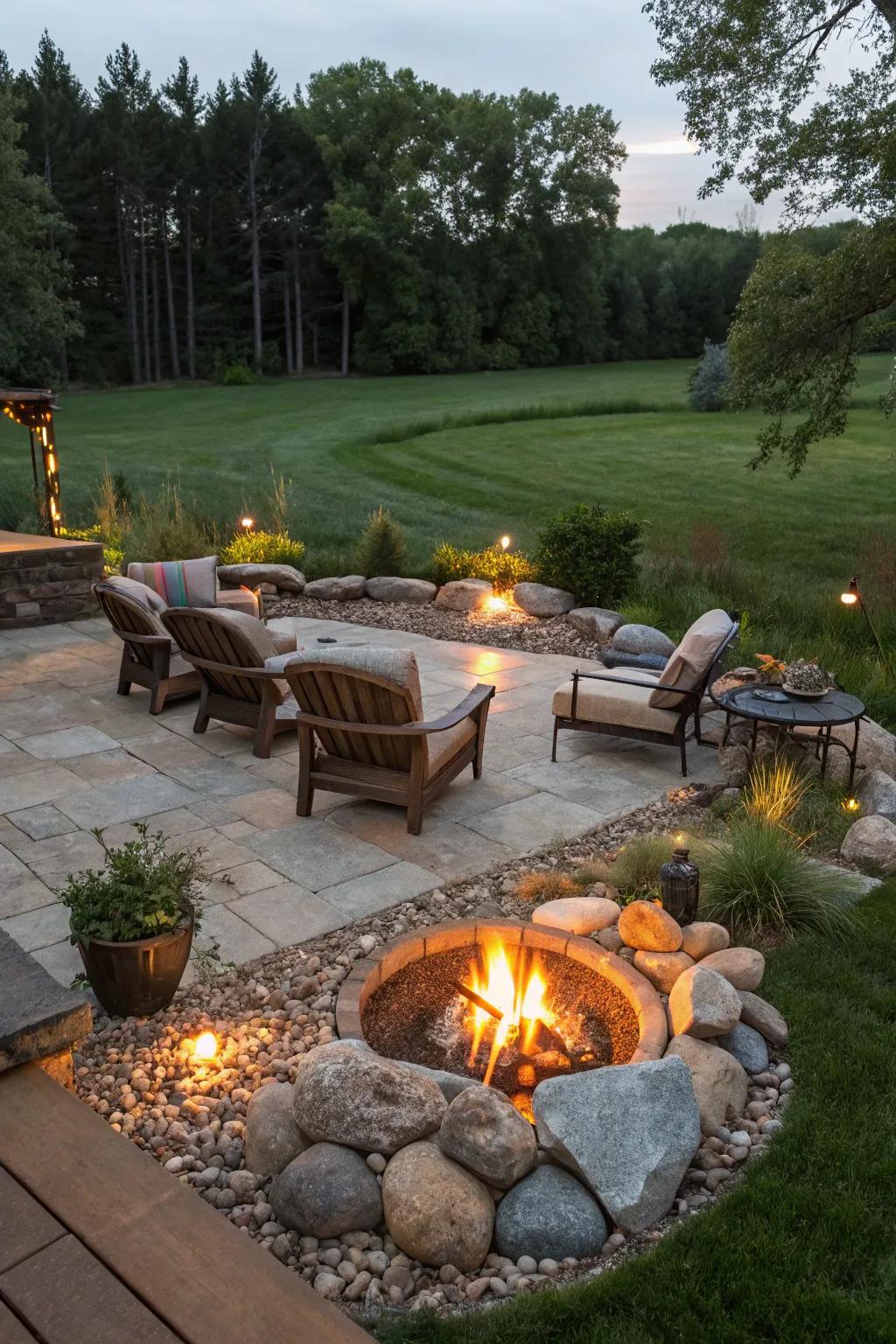 A fire pit beautifully integrated into the garden landscape.