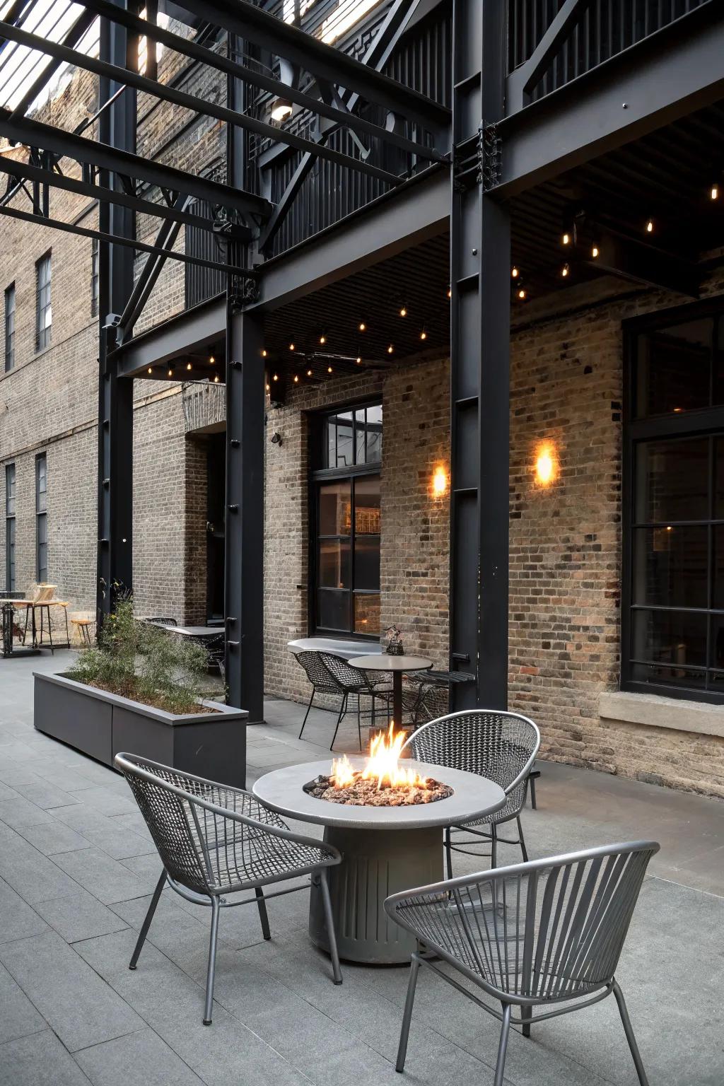 An industrial edge with metal and urban-style elements around the fire pit.