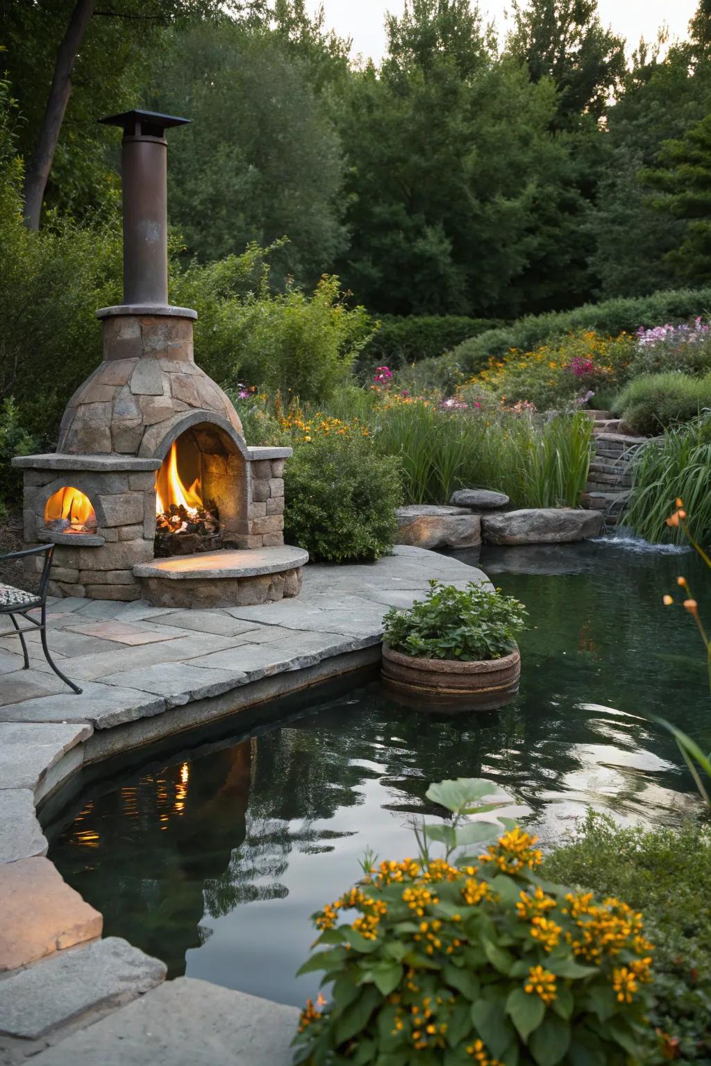 A fire pit paired with a water feature offers a unique and tranquil outdoor experience.