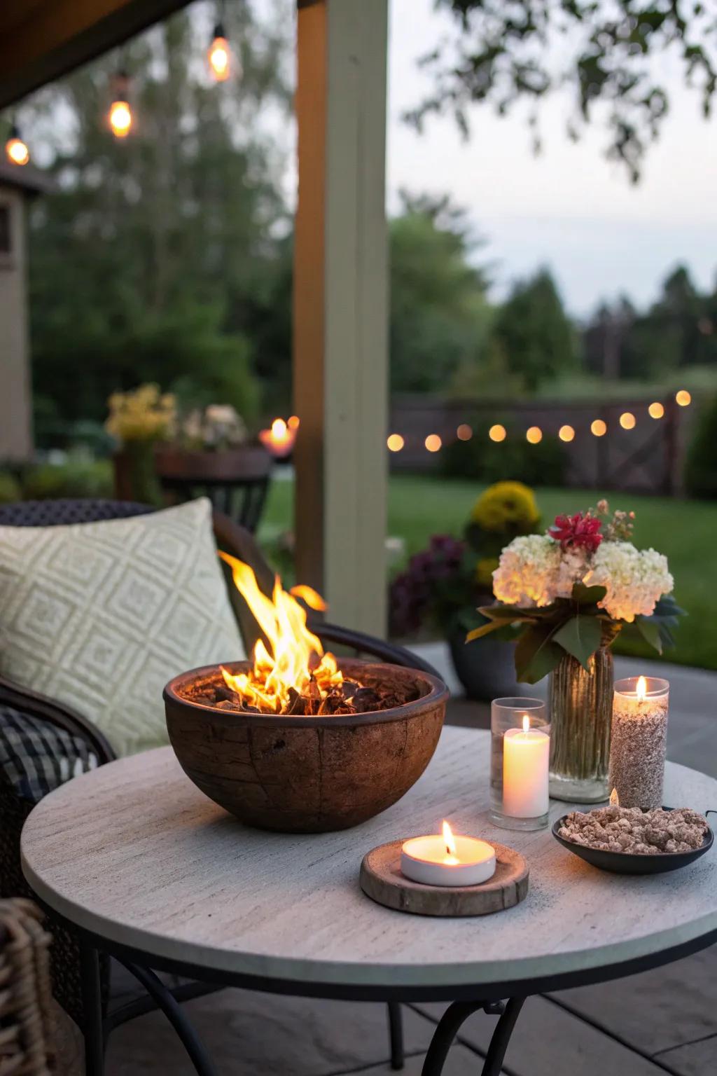 A compact tabletop fire bowl that adds warmth and charm to small outdoor spaces.