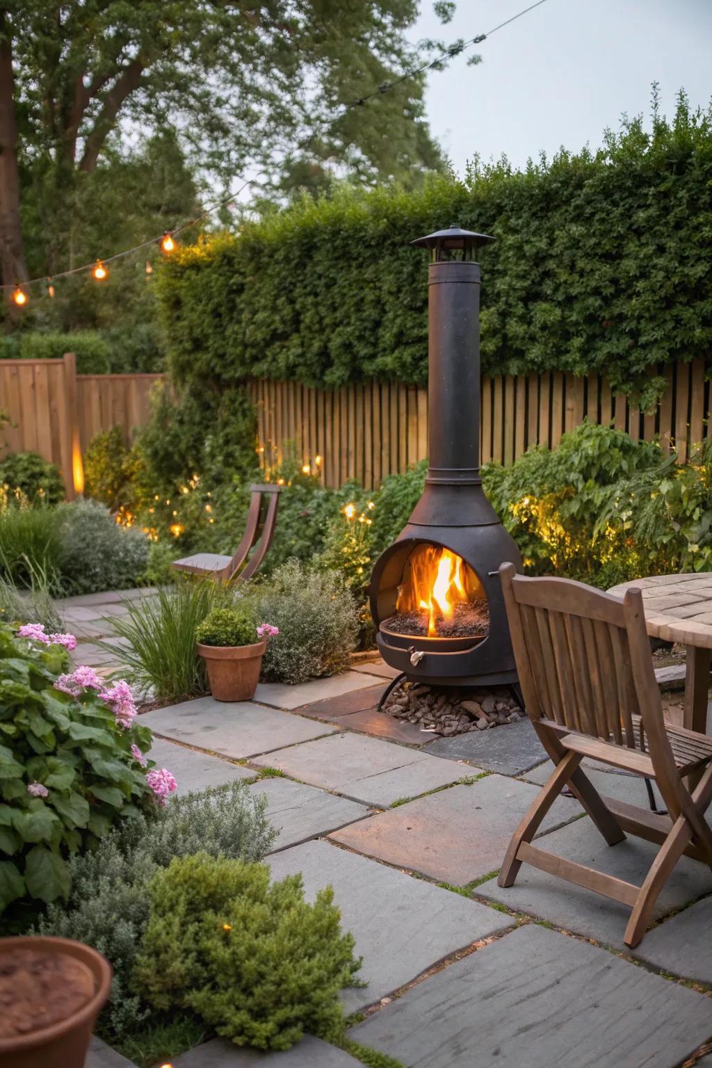 A portable chiminea offering flexibility and warmth in the garden.