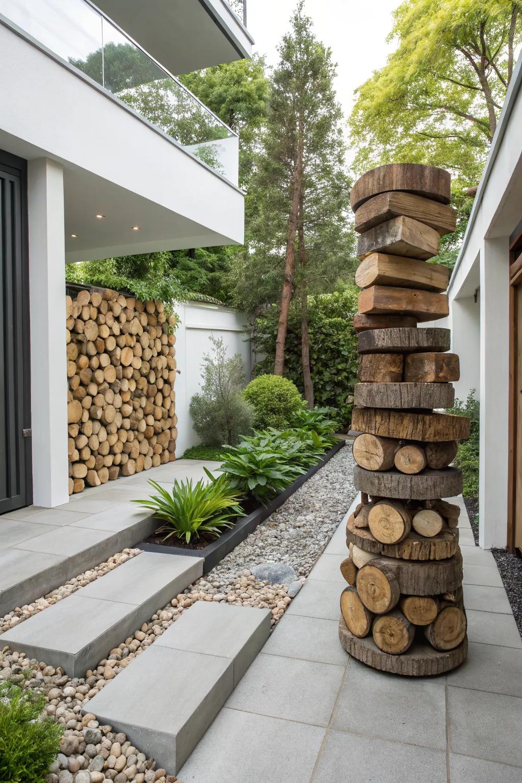 Spiral wood stack serves as a striking garden centerpiece.