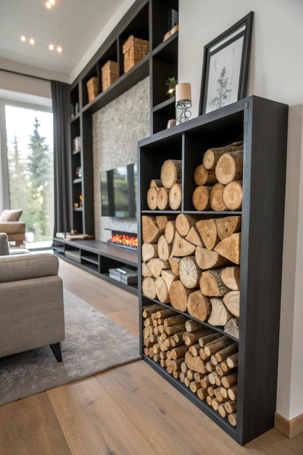 Space-saving wall-mounted holder for stylish firewood storage.