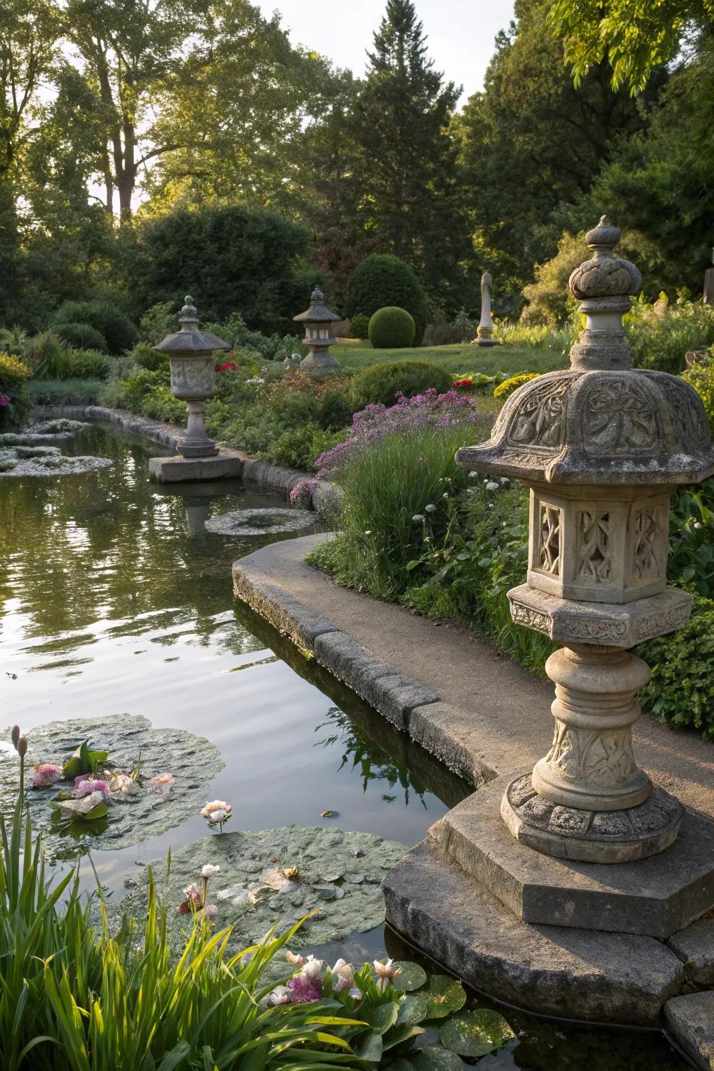 Stone sculptures add artistic flair to a pond