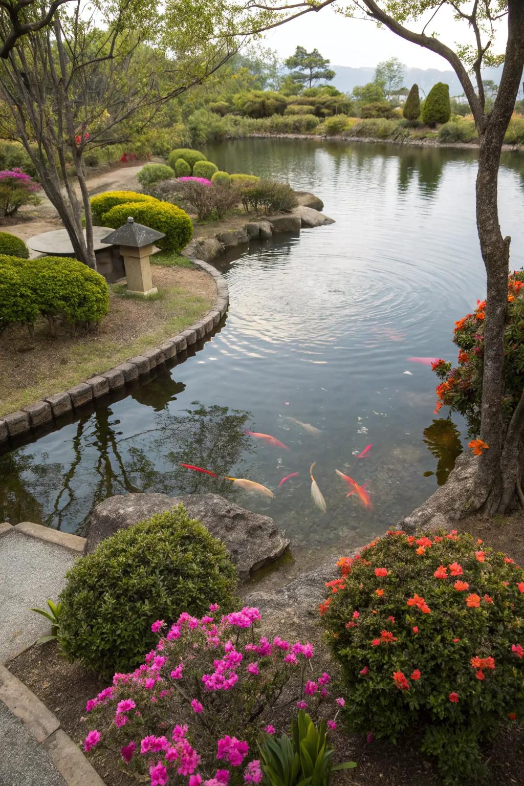 Shrubs and flowers add vibrancy and life to a pond.