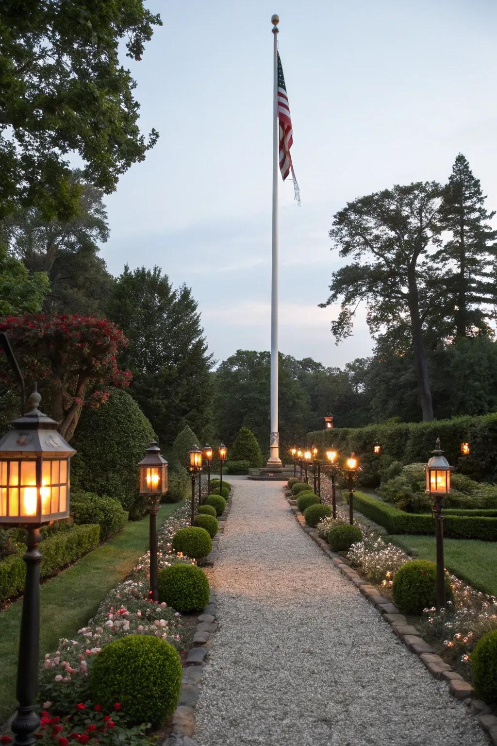 Lantern posts provide a soft, inviting glow to flag settings.