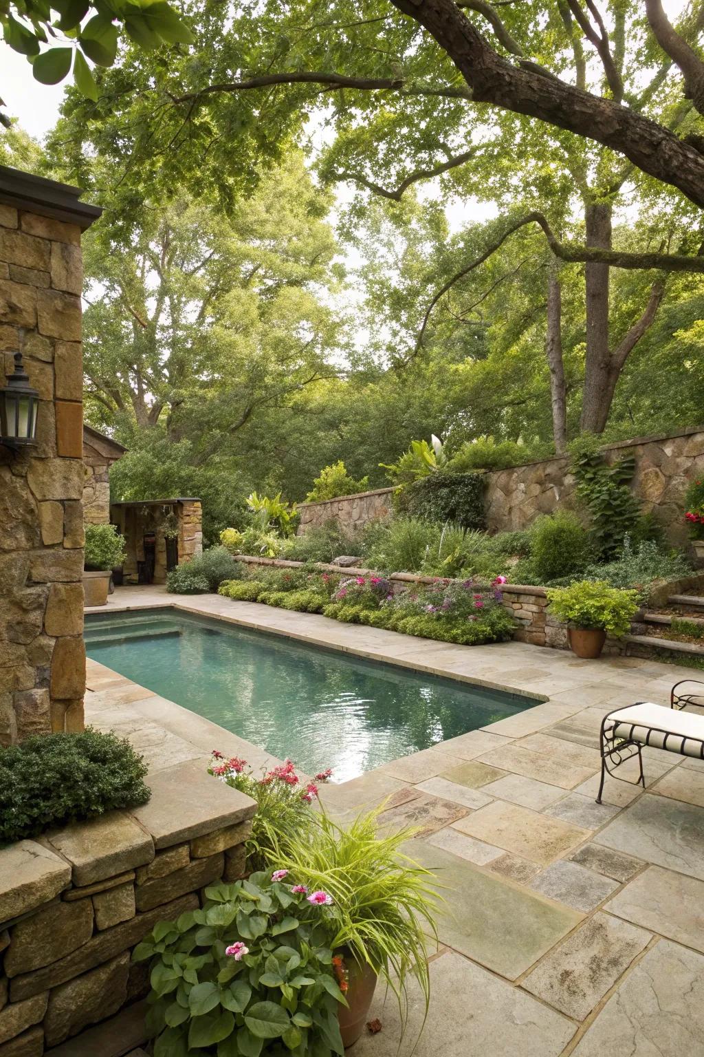 A serene poolside area enriched with flagstone walls
