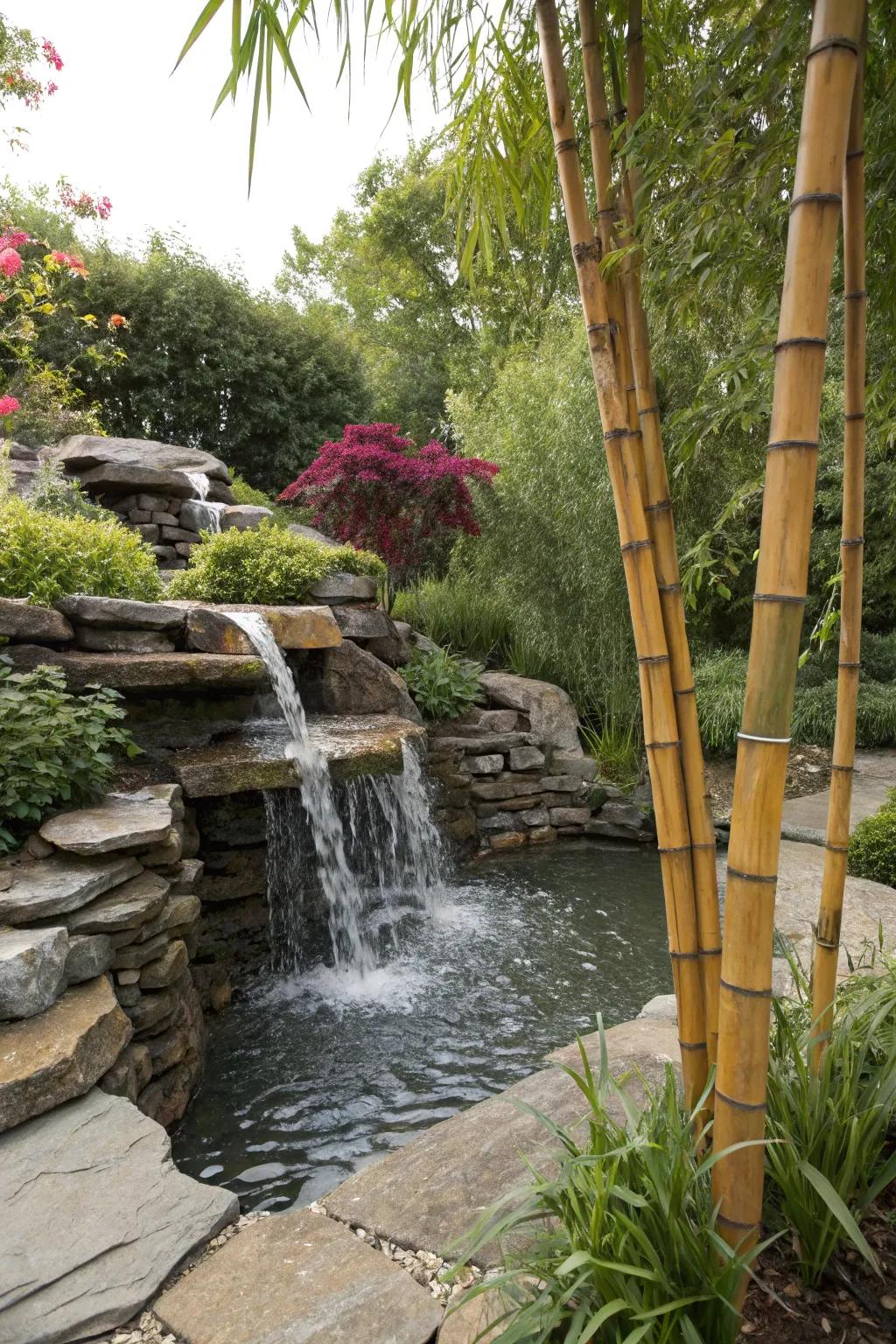 A flagstone waterfall beautifully complemented by bamboo.