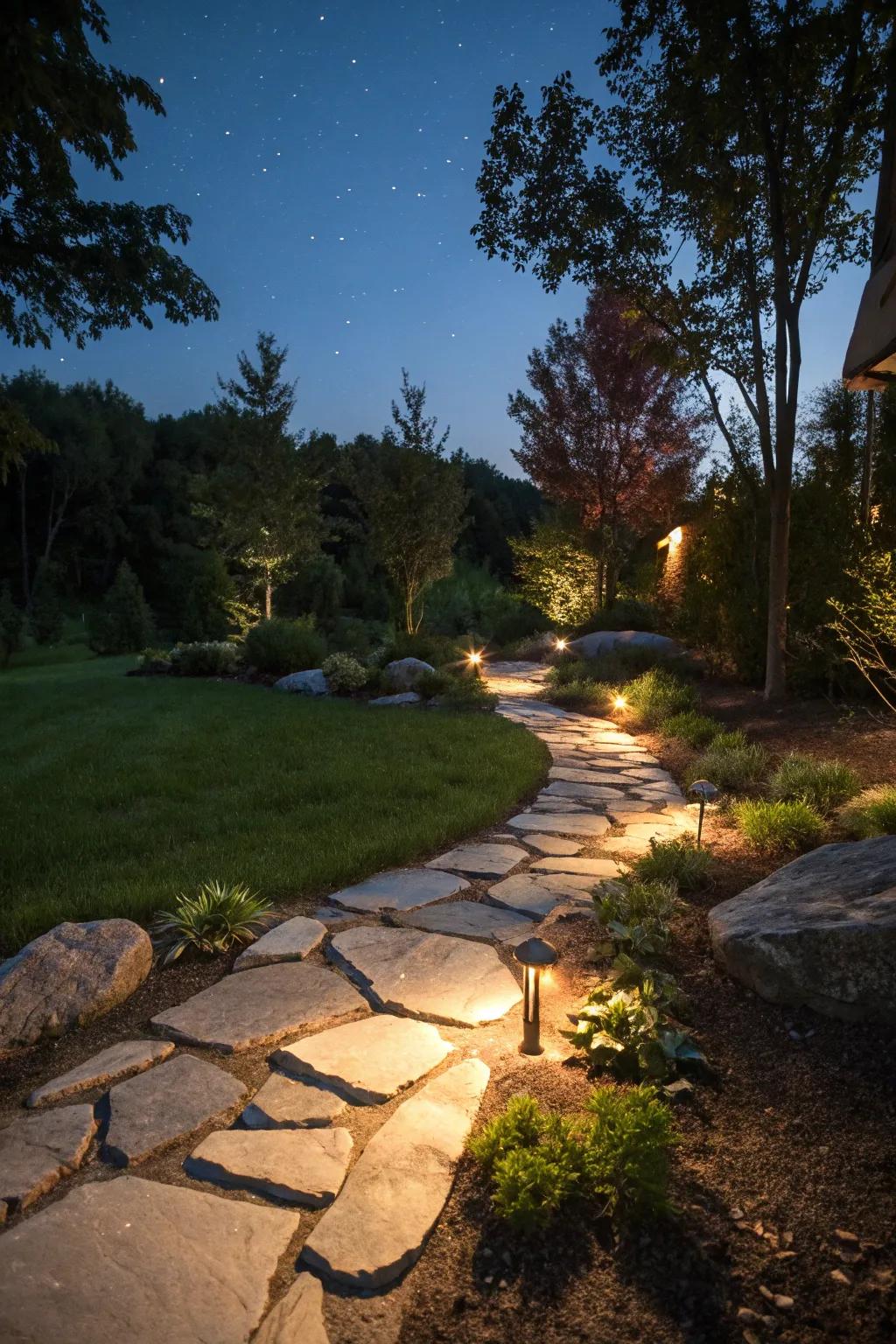 Illuminated flat rock pathway creating a magical garden atmosphere.