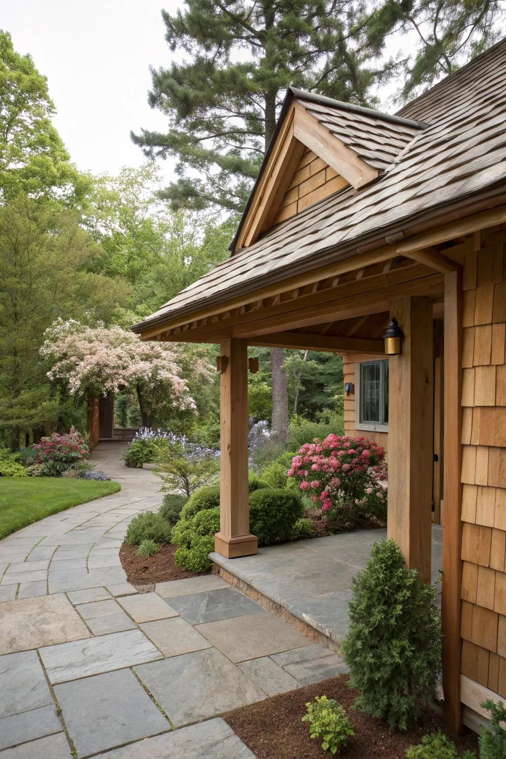 Cedar shingles lend a rustic and earthy charm to this flat roof portico.