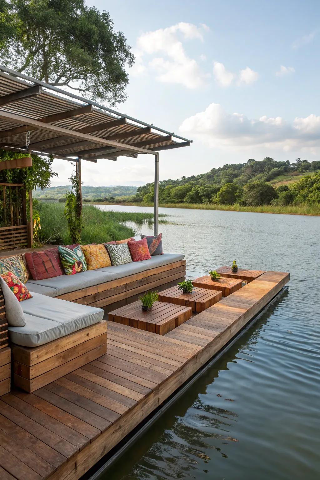Built-in seating maximizes space and comfort on this floating patio.
