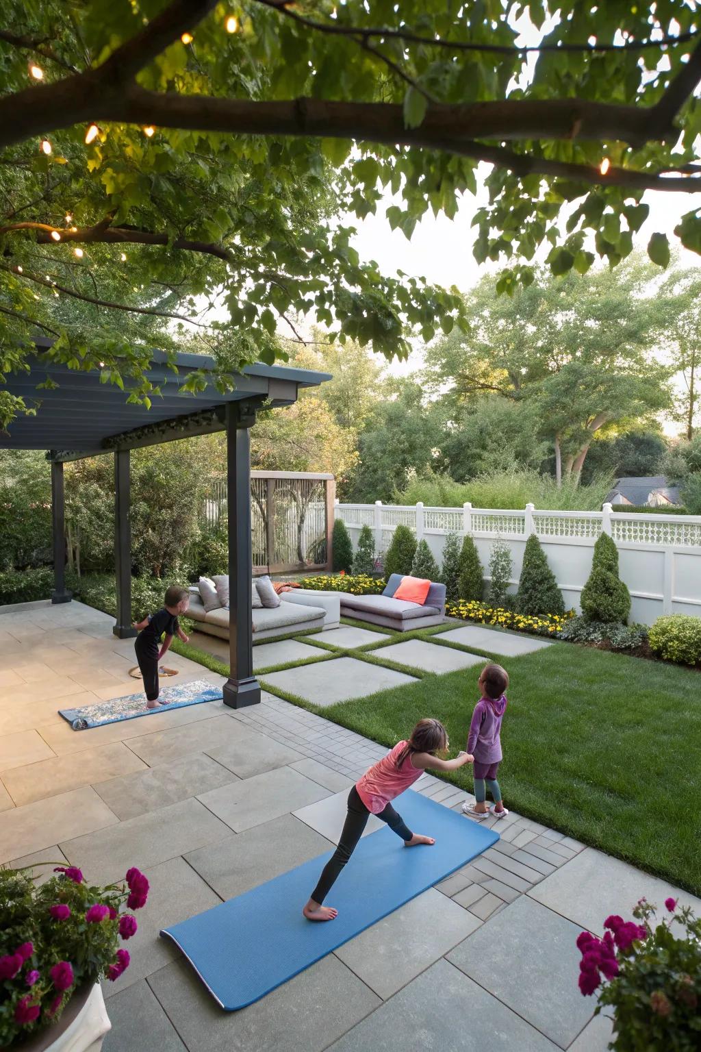 A versatile patio with spaces for yoga and children's play.