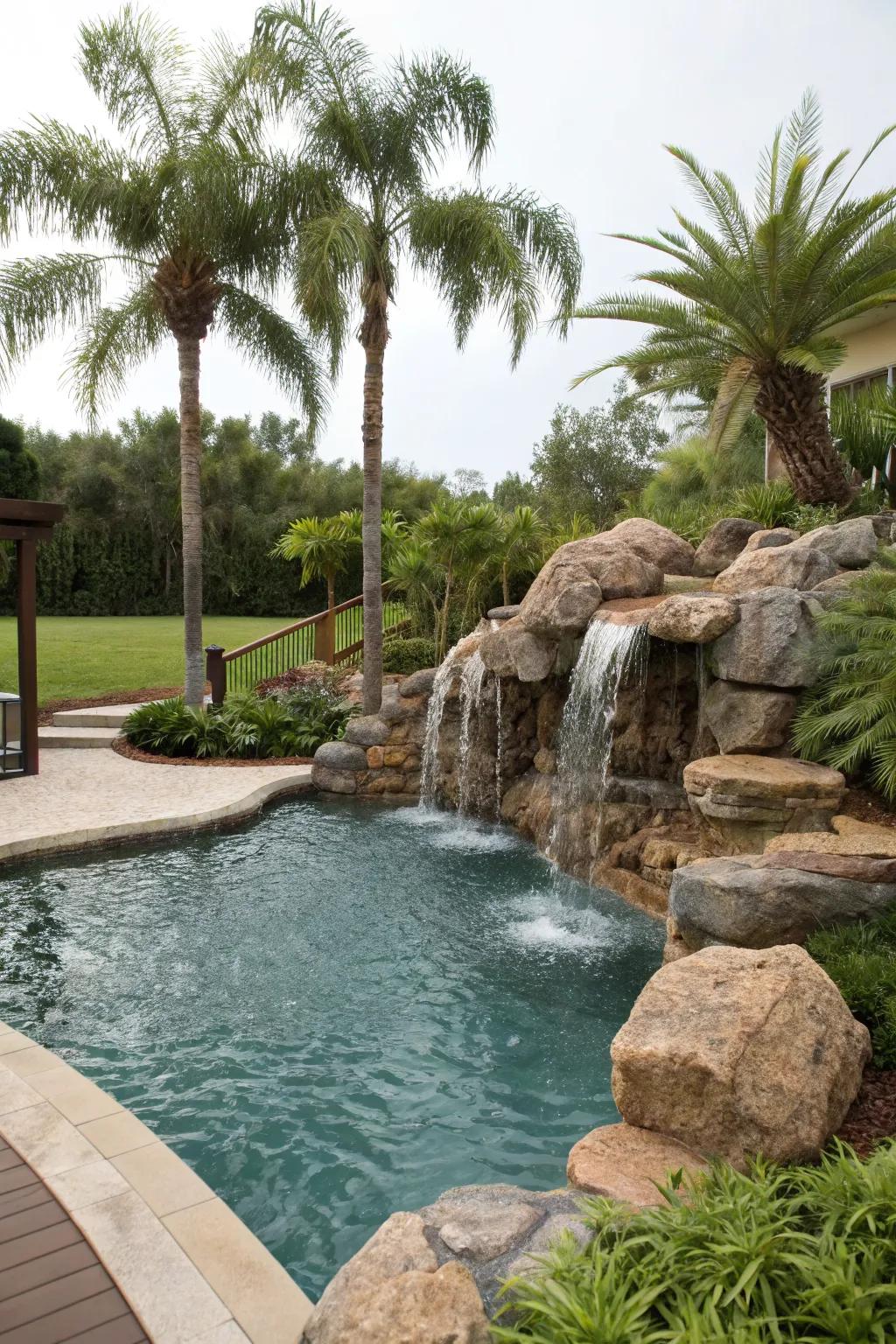 A serene waterfall feature that enhances the pool's tranquility.