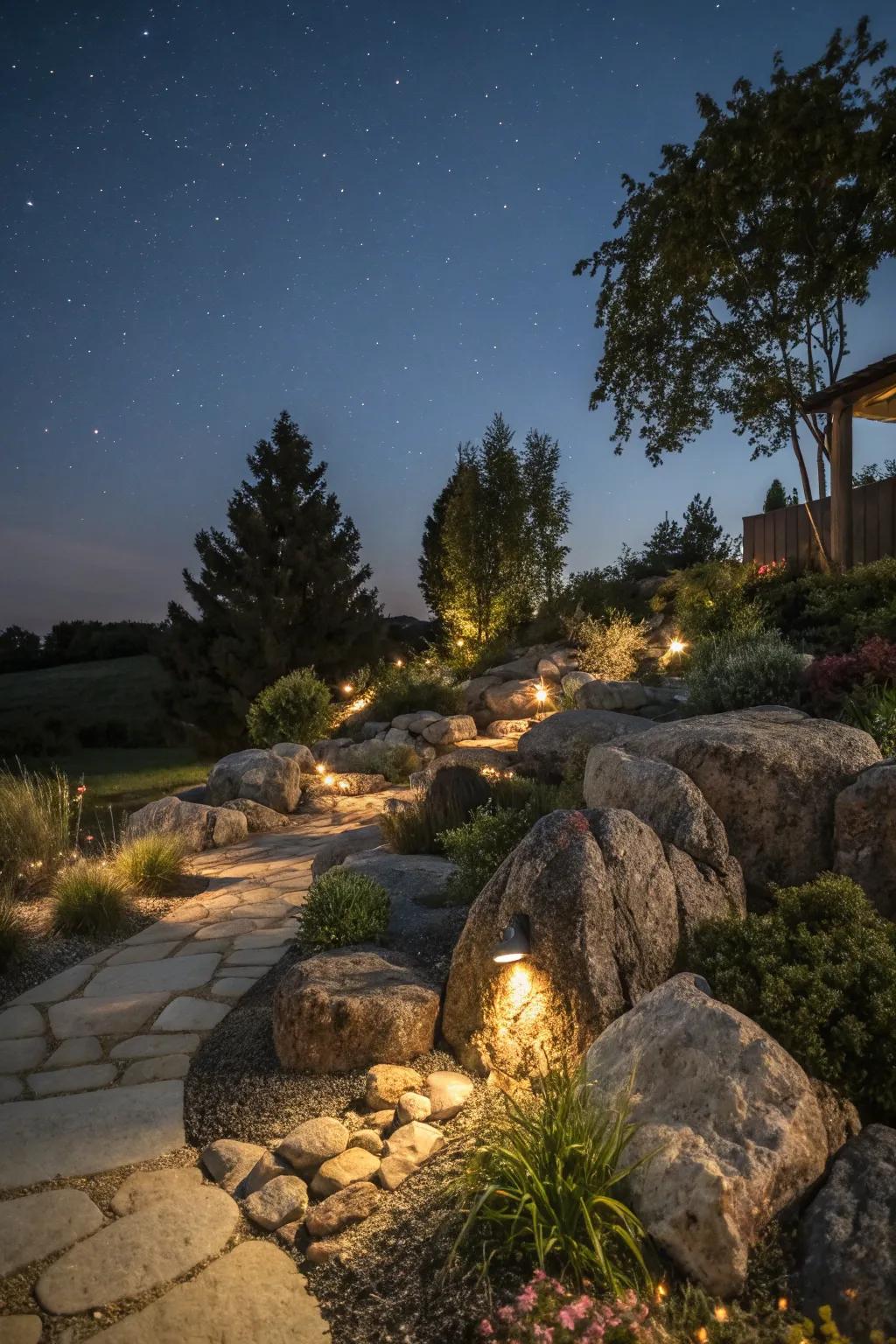 Dramatic lighting enhancing the garden's nighttime appeal.