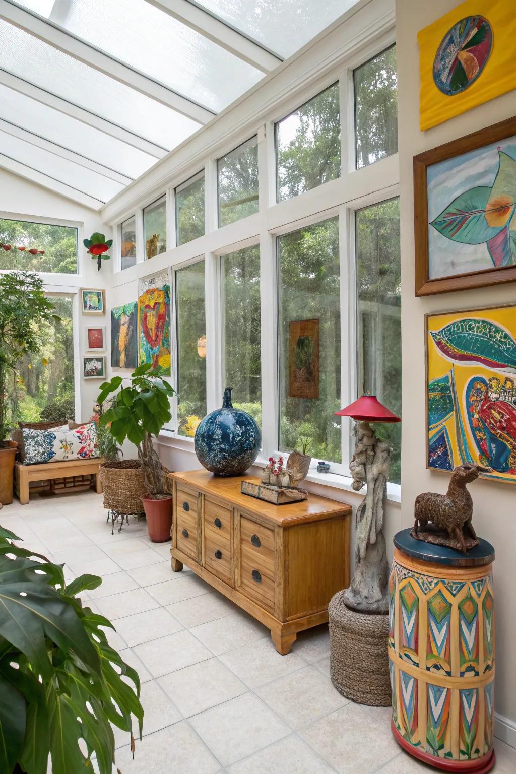 Art that transforms the sunroom into a personal gallery.