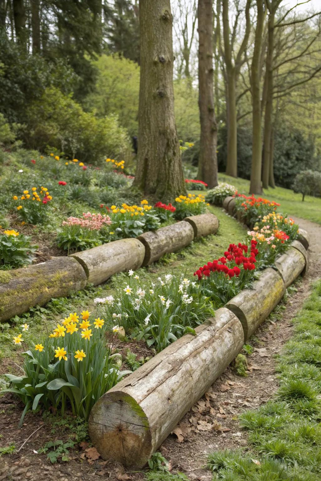 Organic ambiance with rustic log roll edging.