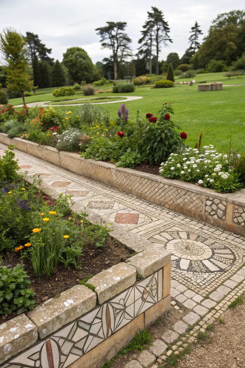 Mosaic stones that turn garden edges into art.