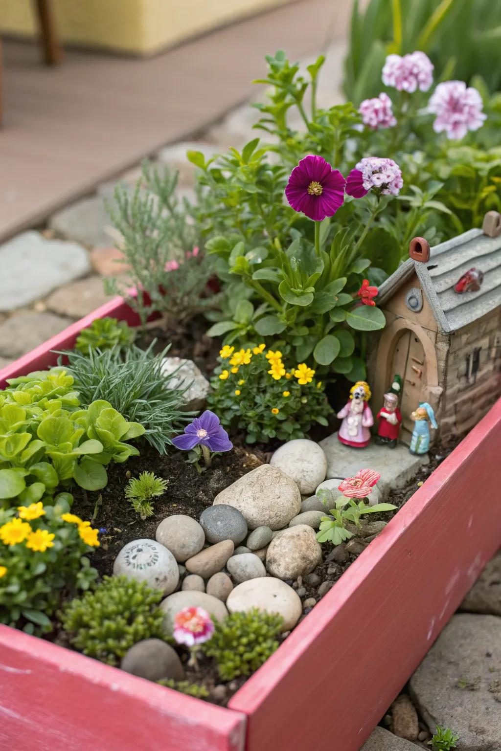 A miniature garden in a flower box offers a tiny world of beauty.