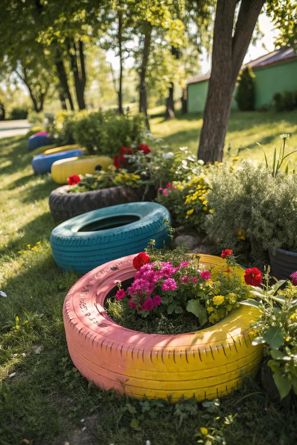Upcycled tires bring color and fun to any garden.