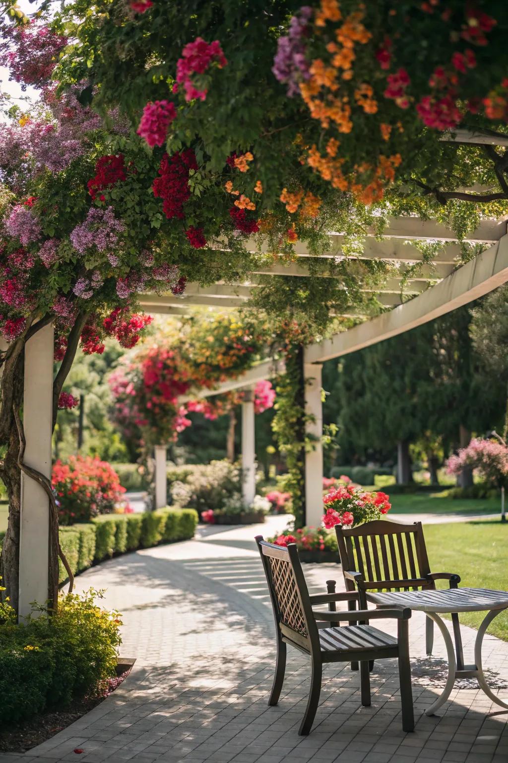 A cozy garden nook under a floral canopy.
