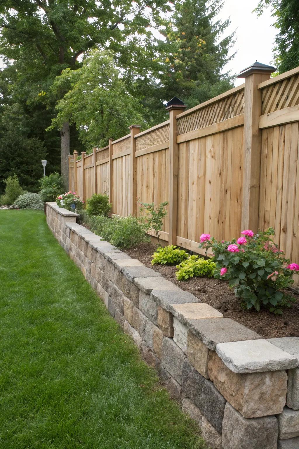 Timeless beauty with stone and wood hybrid fencing.