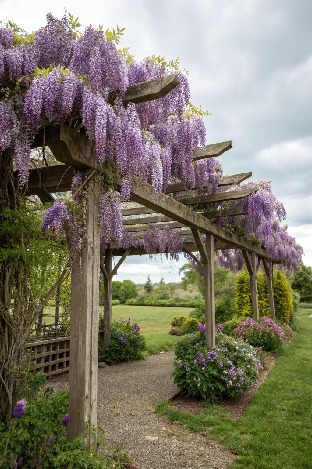 A fragrant DIY flower pergola draped with wisteria.