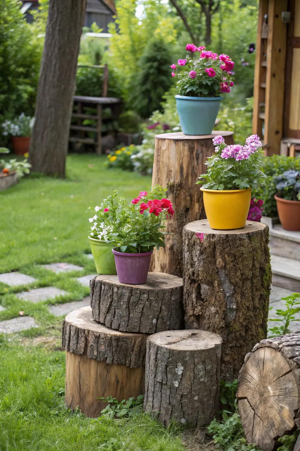 Rustic log slice pedestals for a natural display.