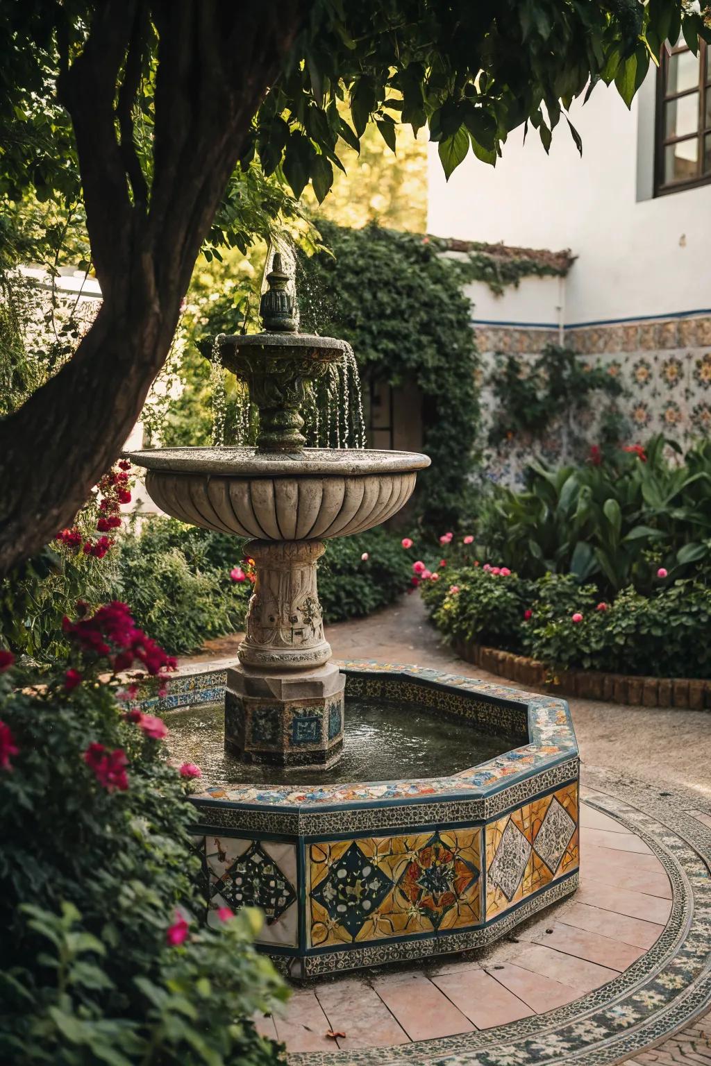 Intricate tile patterns make an artistic statement at the base.