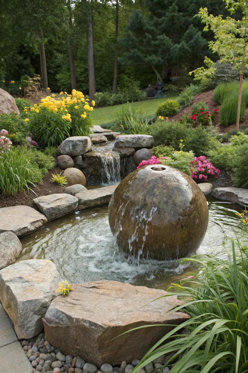A bubbling boulder fountain nestled among rocks and greenery.