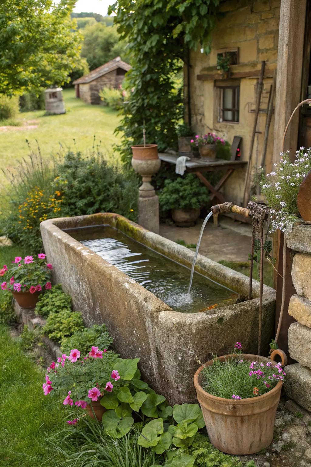 Rustic garden fountain using a water trough.