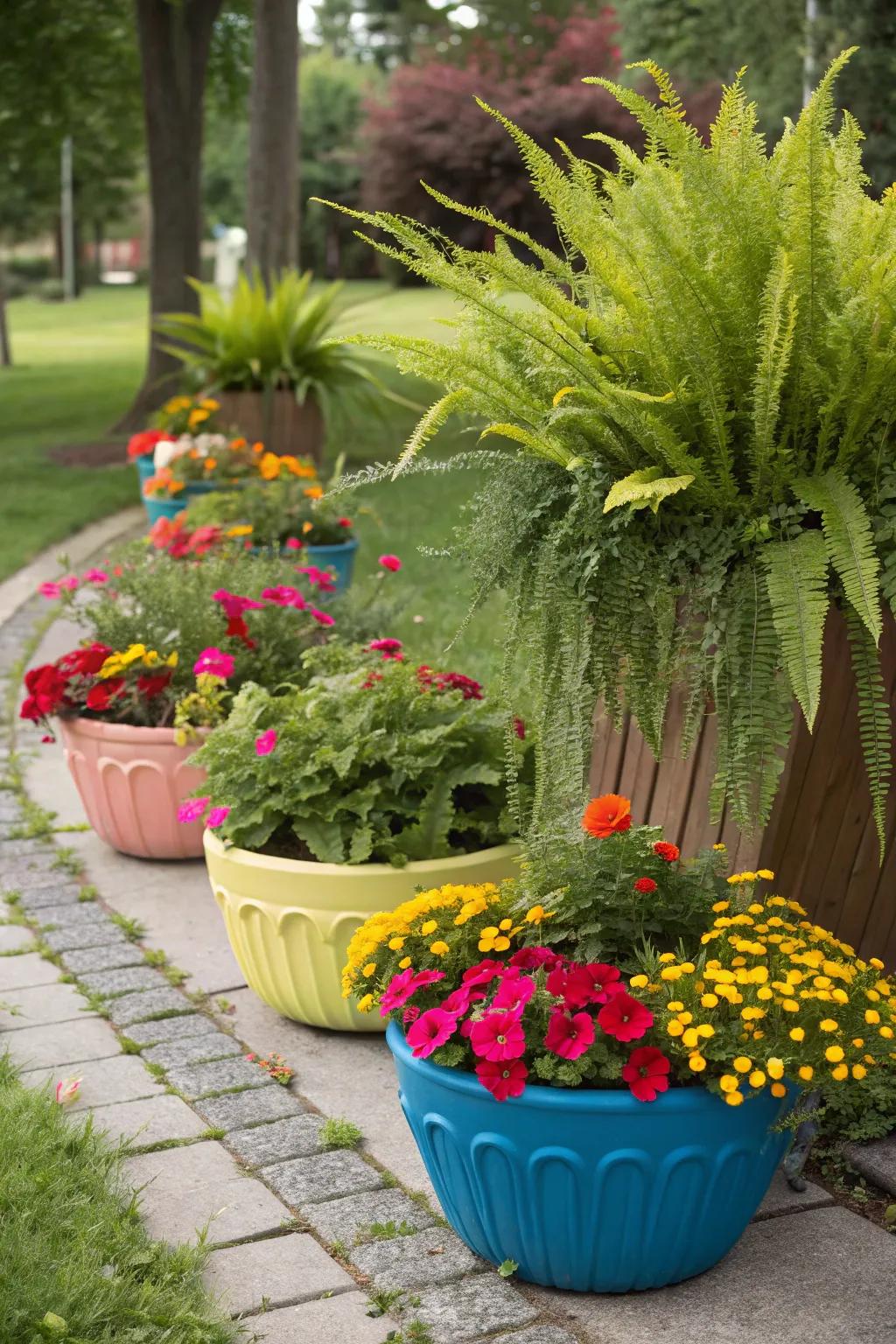 Experiment with playful planter combinations using foxtail ferns.