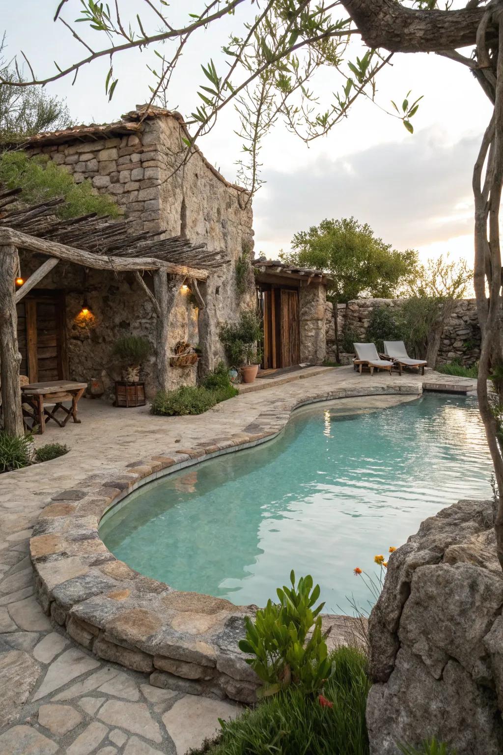 Rustic elements add timeless charm to the pool.