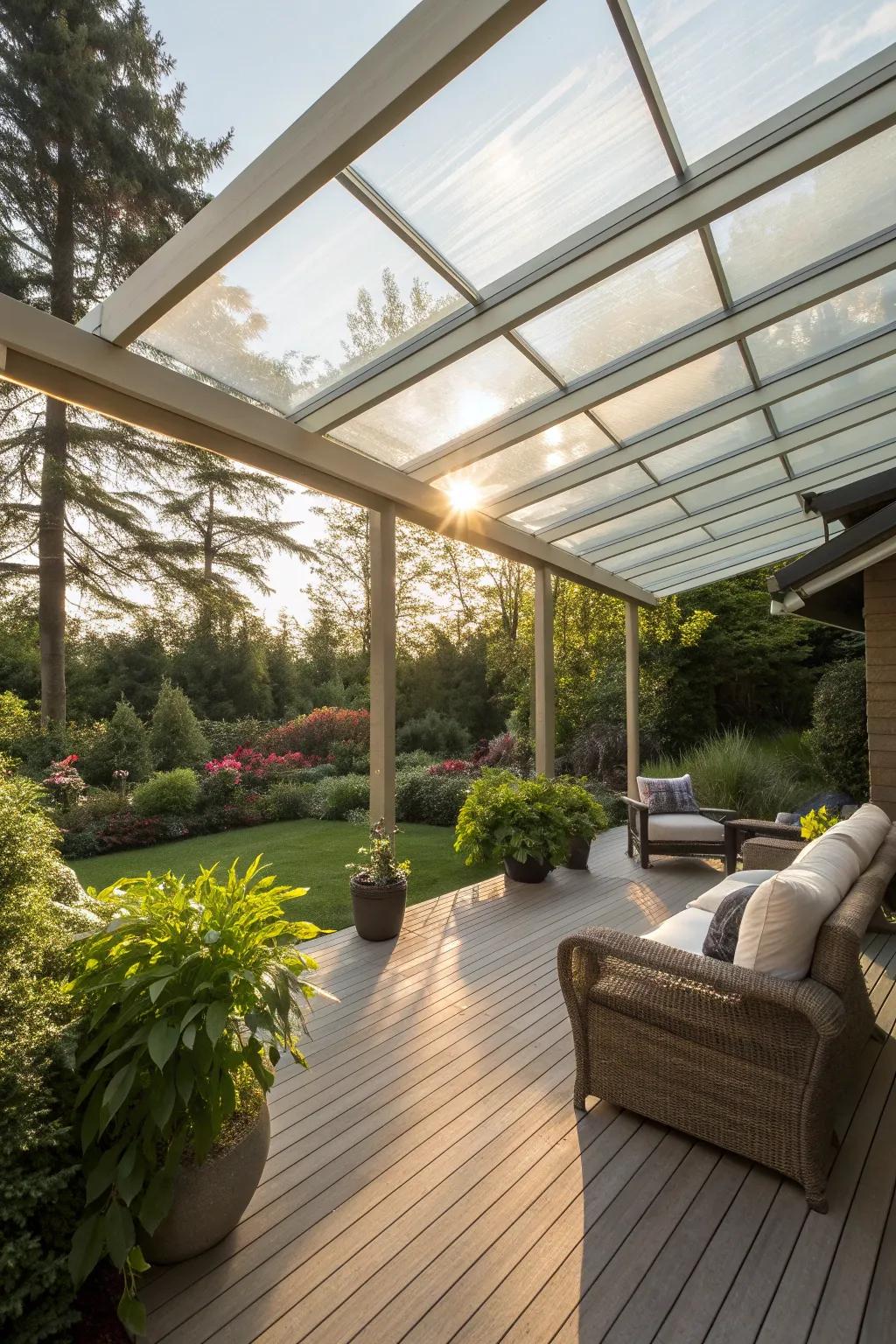 A clear roof cover ensuring a bright, sun-filled patio.