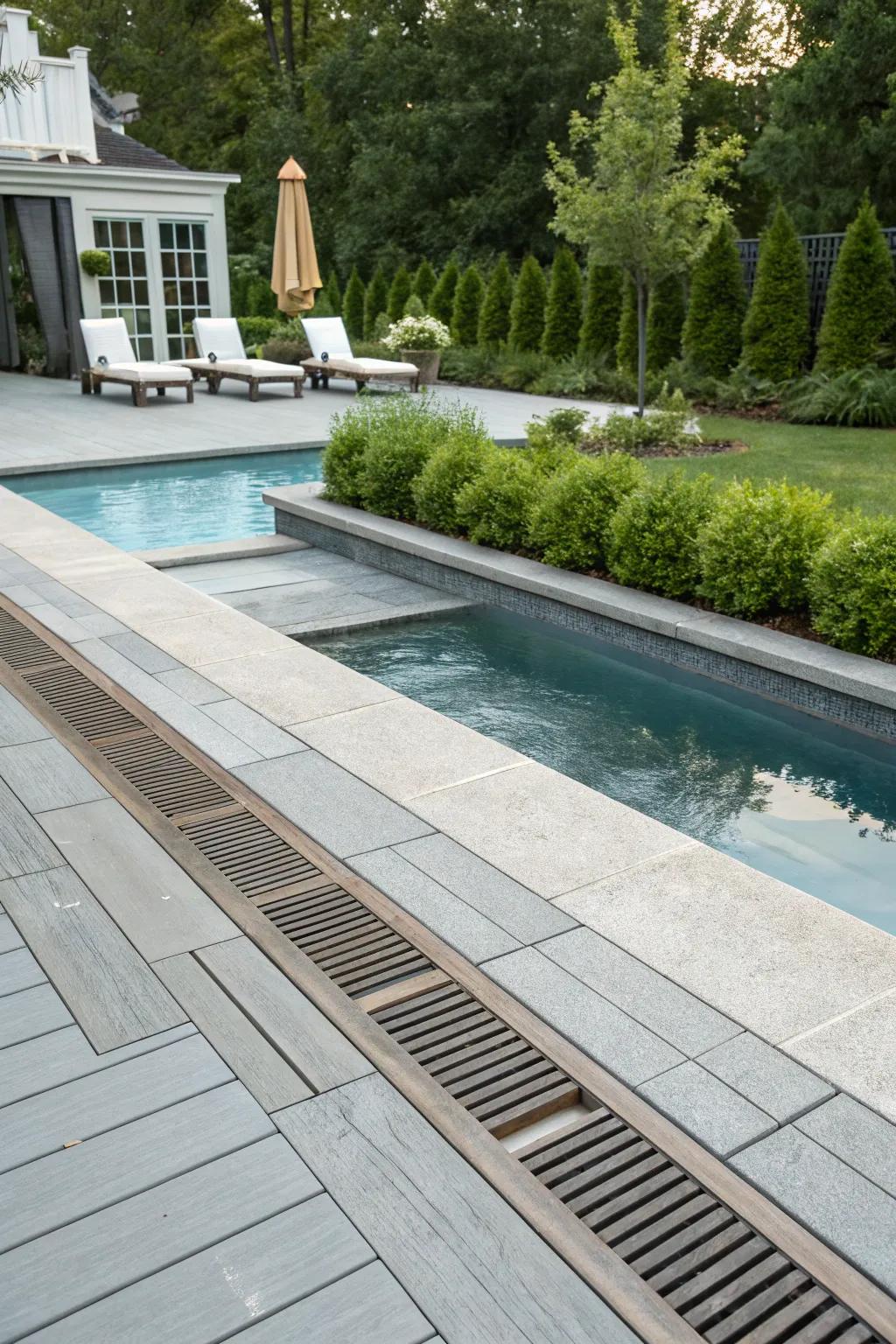 A dry poolside area thanks to a French drain.