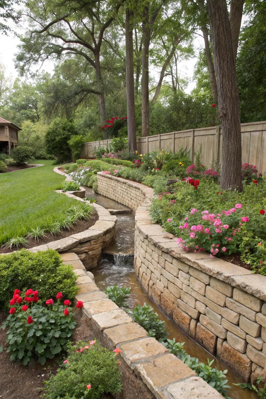 Protect against erosion with the combination of retaining walls and French drains.