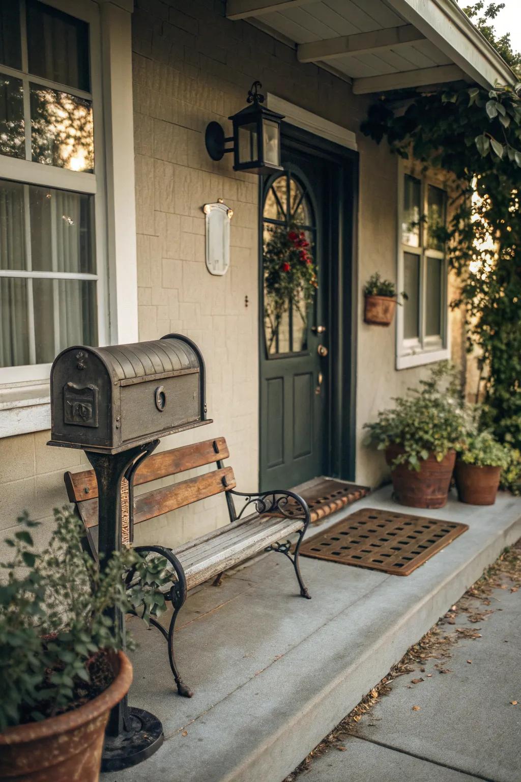 A charming front door landing with vintage finds like a mailbox and bench.