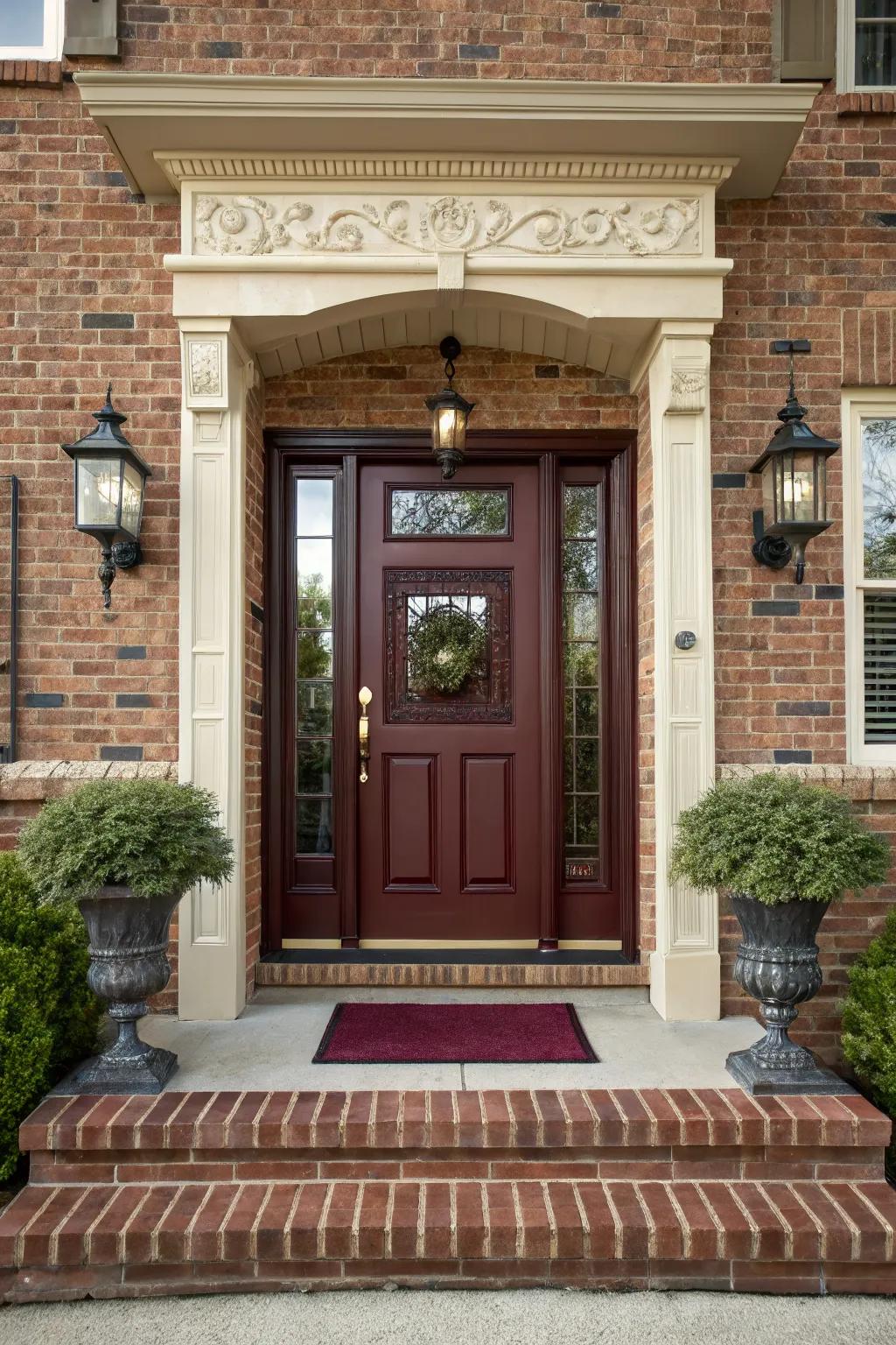 Traditional burgundy front door exuding warmth.
