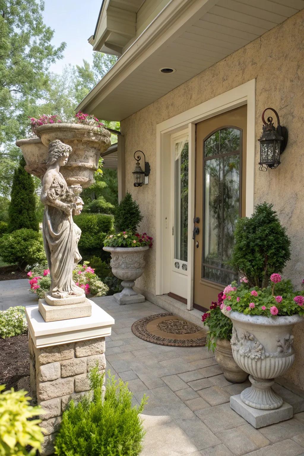 Sculptural accents add interest and personality to the patio.