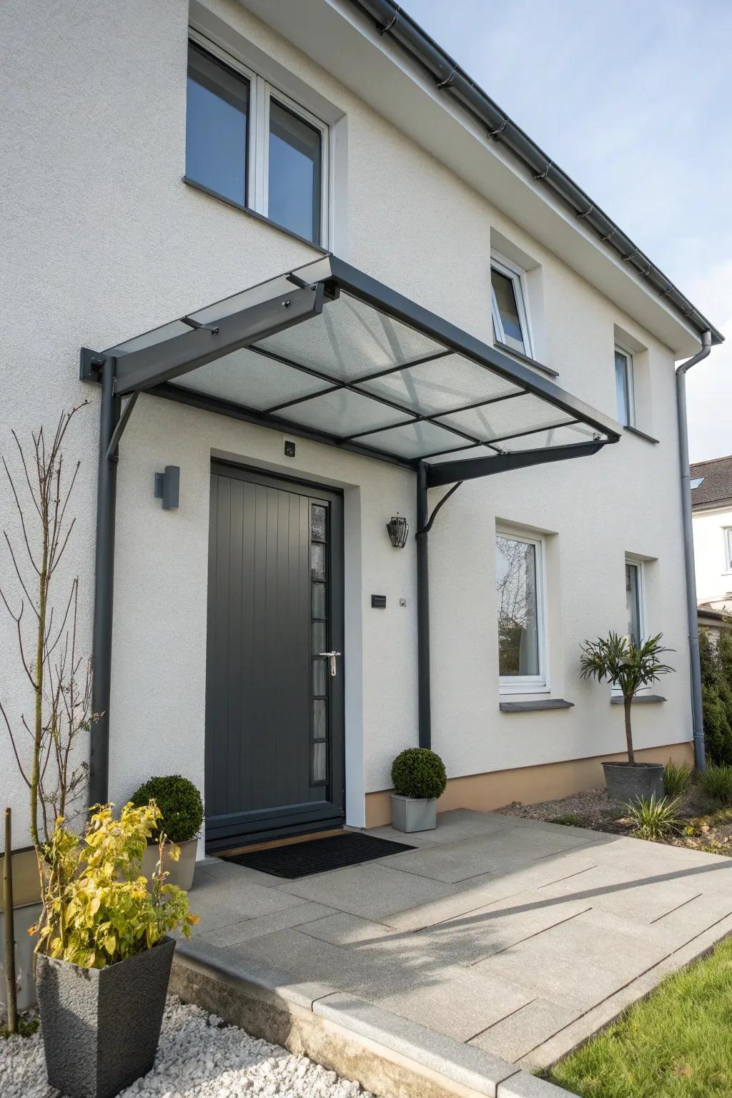 A polycarbonate awning offers sleek durability to this home.