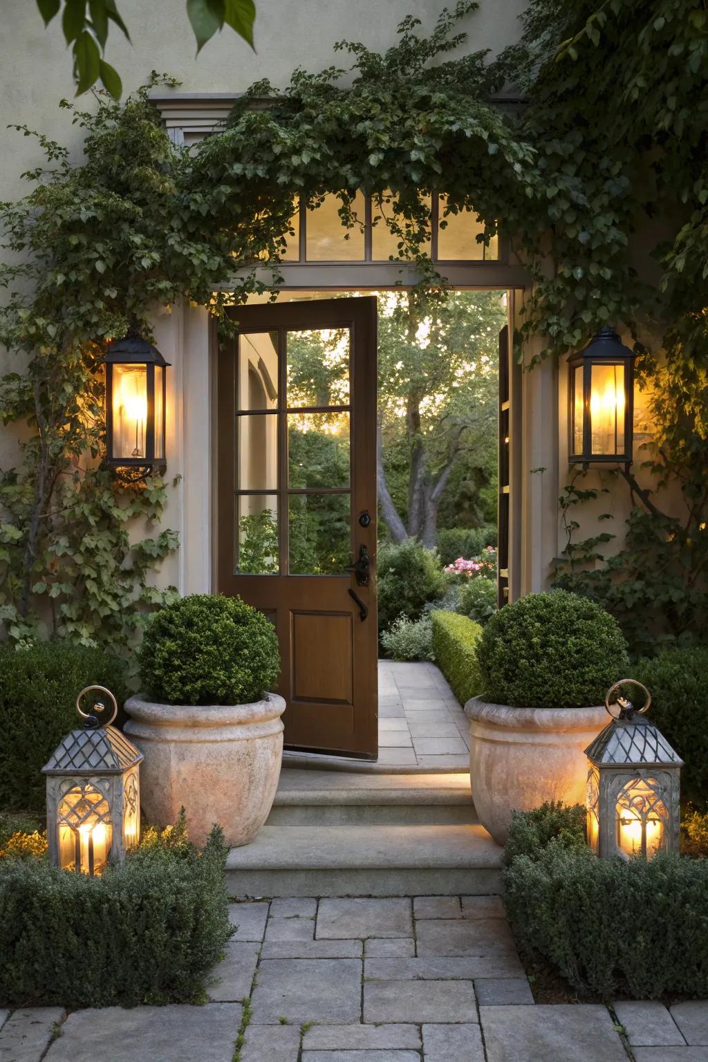 Planters and lanterns create a warm, inviting glow.