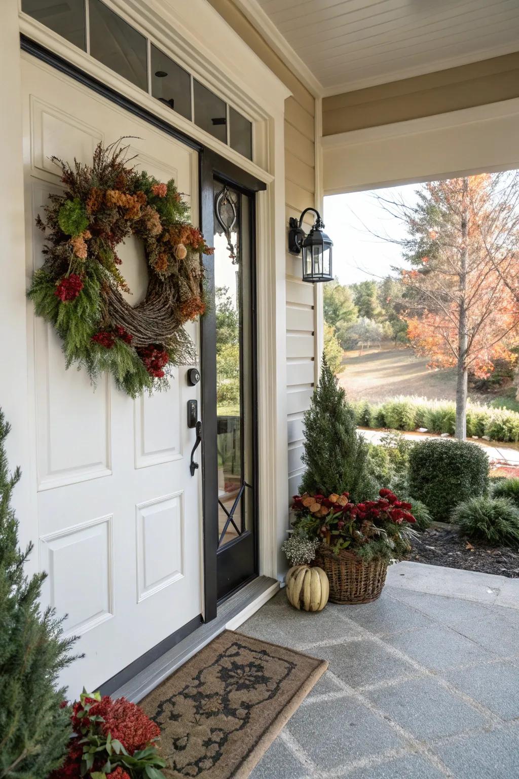Seasonal decor adds a charming touch to the front door.