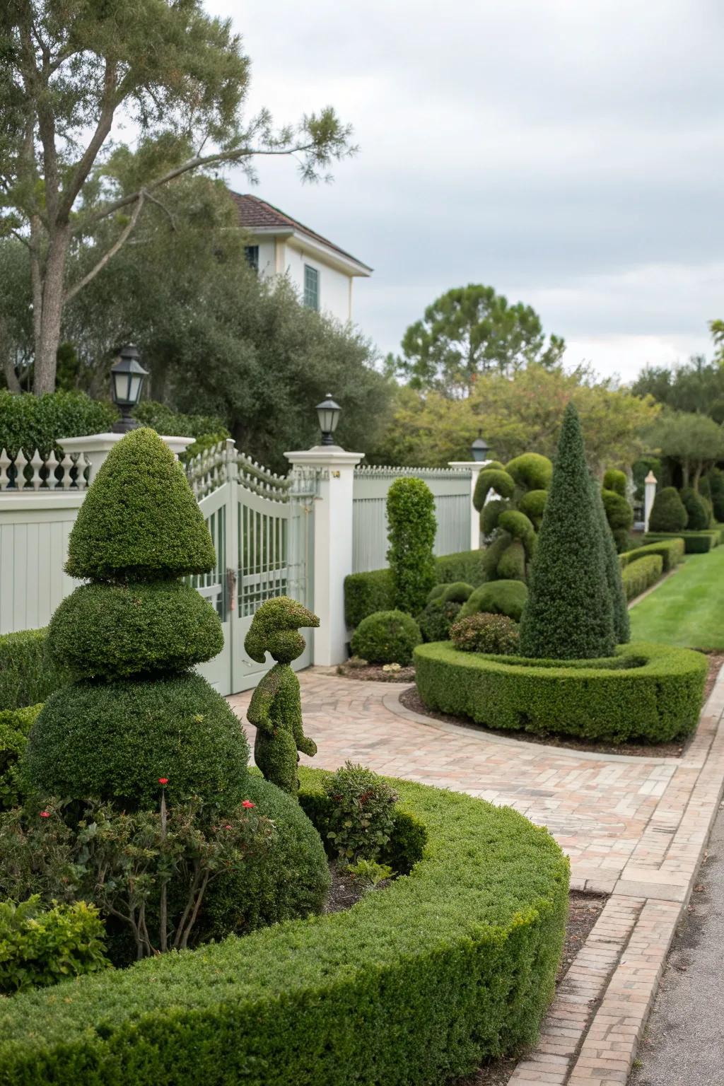 Artistic topiary adding elegance and creativity to the front yard.