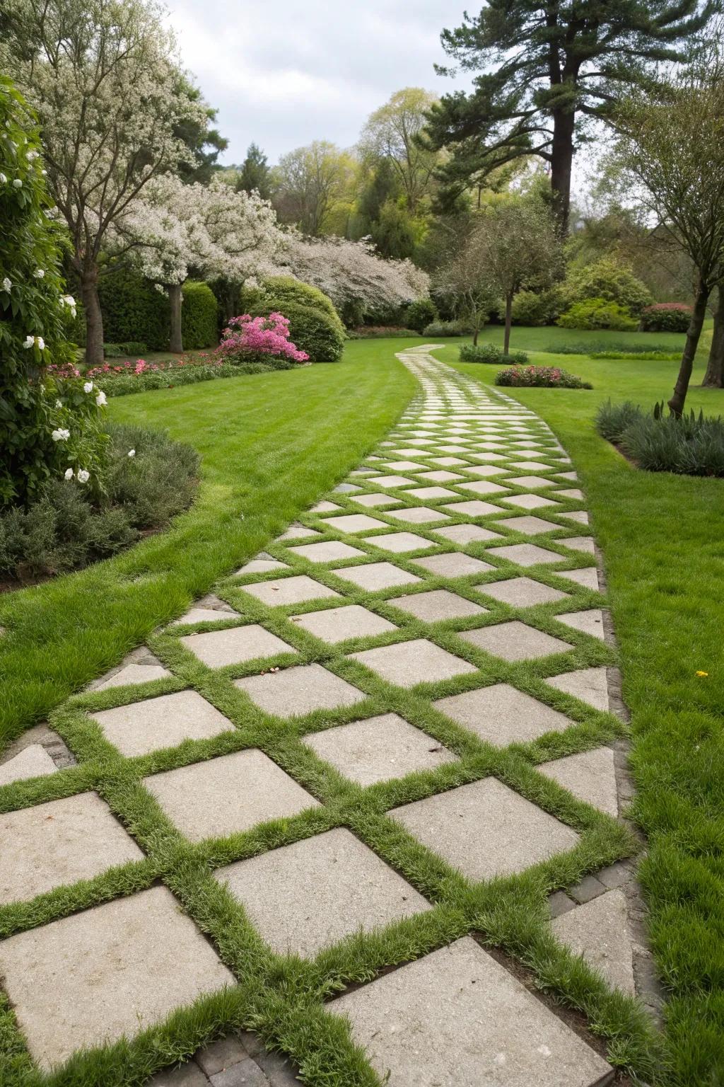 A creative pattern in the garden path using pavers and grass.