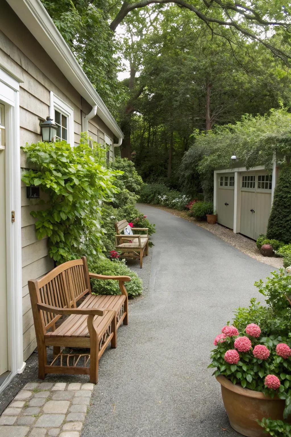 A cozy seating area nestled within the driveway.