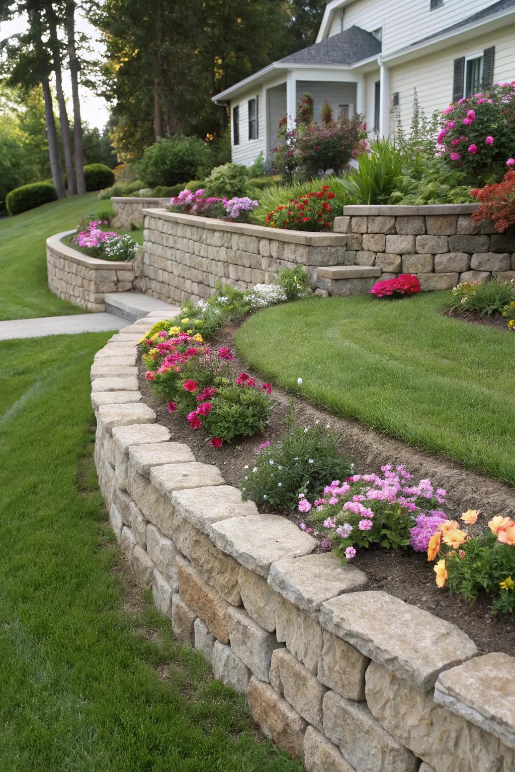 Retaining walls create tiered planting spaces for added depth.