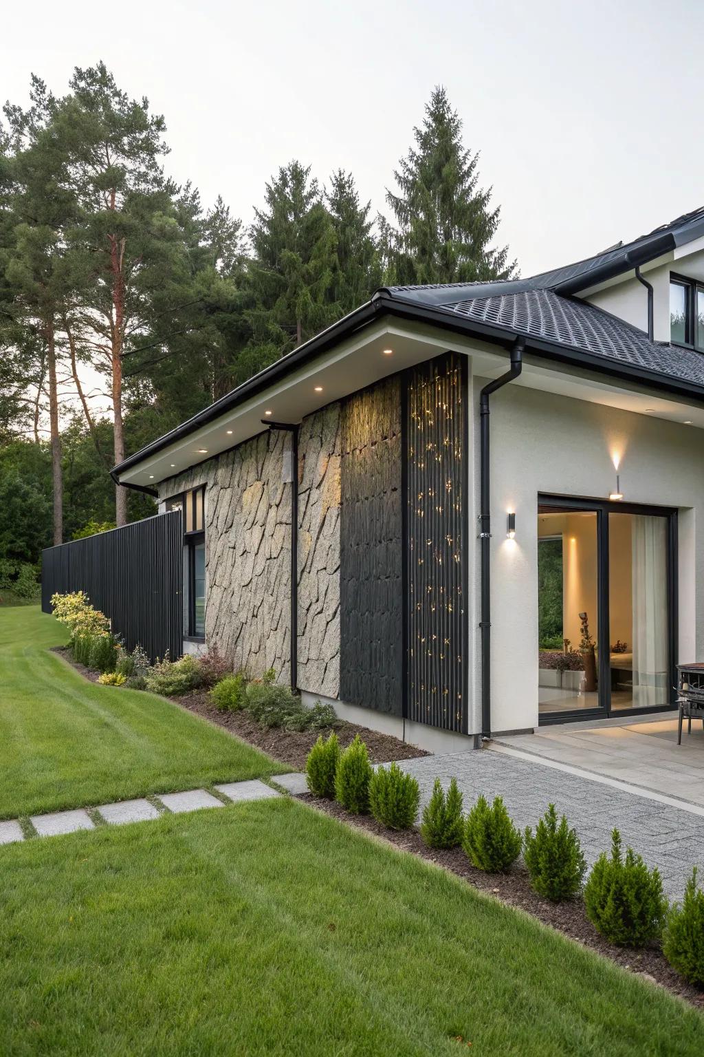A house with a distinctive cladding feature wall.