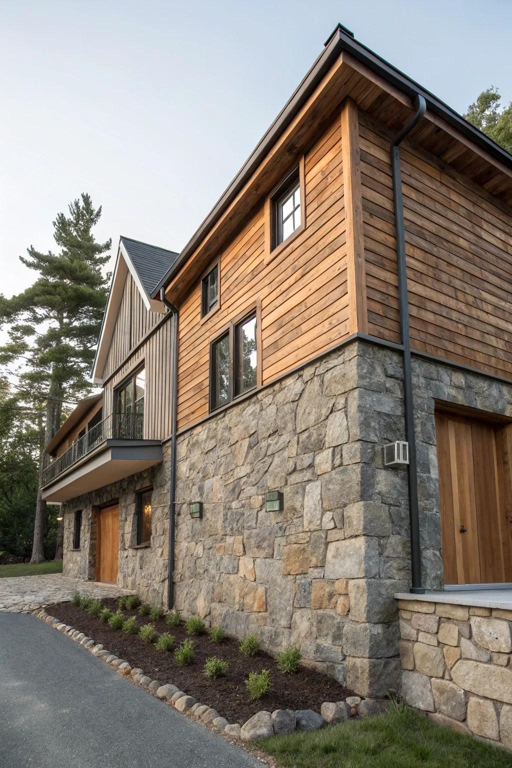Contrasting textures of stone and wood enhance the house exterior.