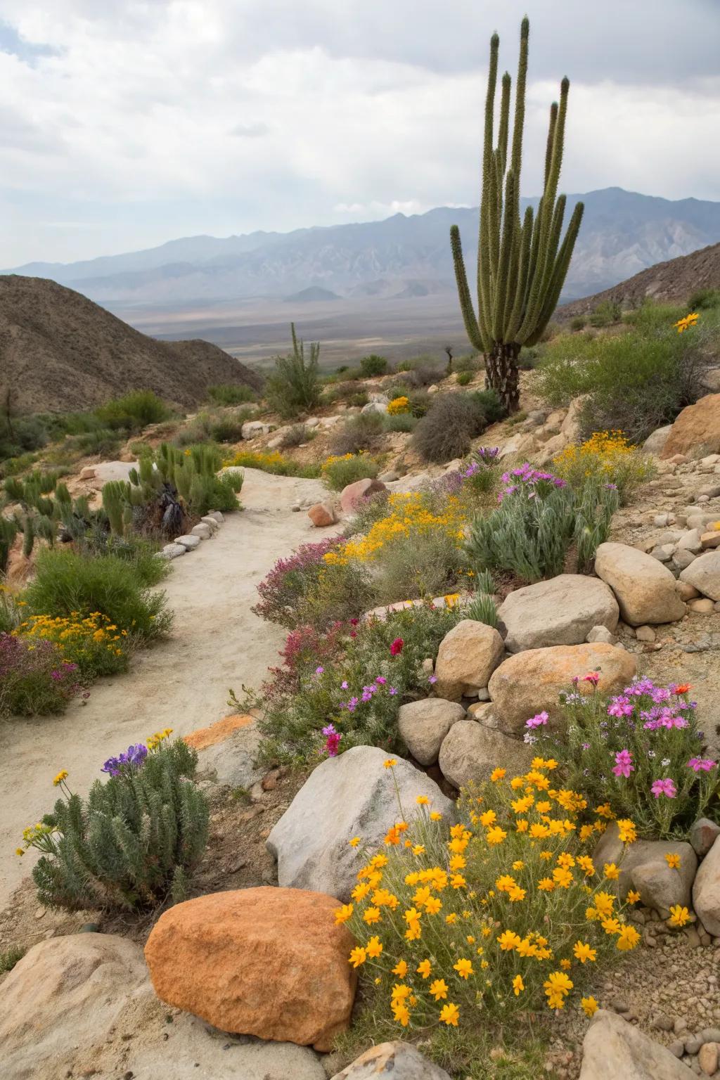 A desert oasis featuring cacti and sand-colored rocks in the front yard.